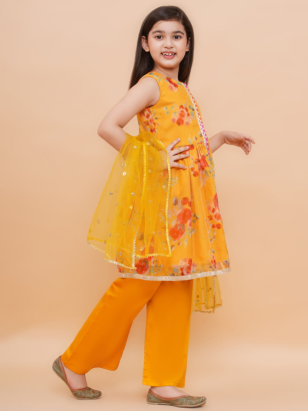 Girls Yellow Floral Organza Kurta And Palazzo Set With Dupatta