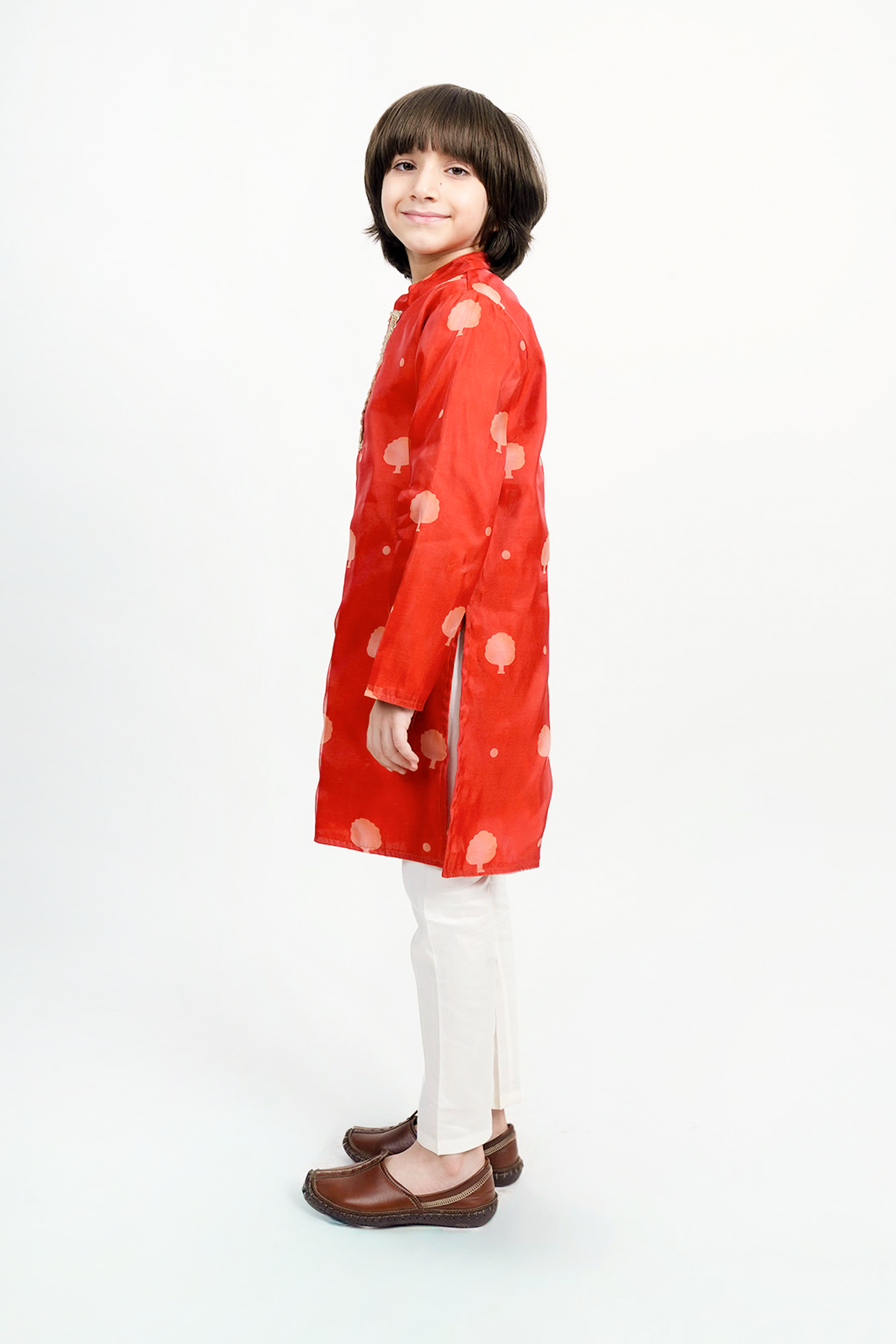 Piccolo Boys Organza Tree Motif Kurta and White Payjama Set-Orange