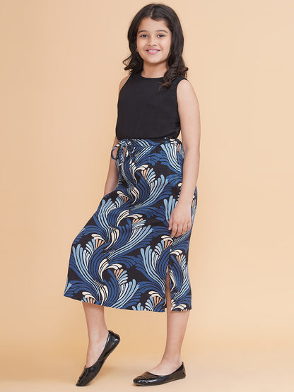 Girls Abstract Printed Skirt with Side Slits and Tank Top Set