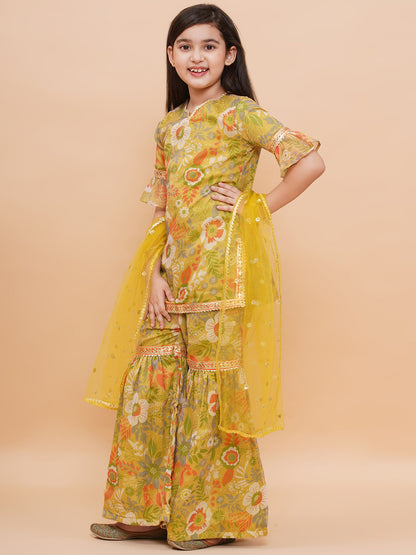 Girls Yellow Floral Motif Chiffon Kurta And Sharara Set With Dupatta