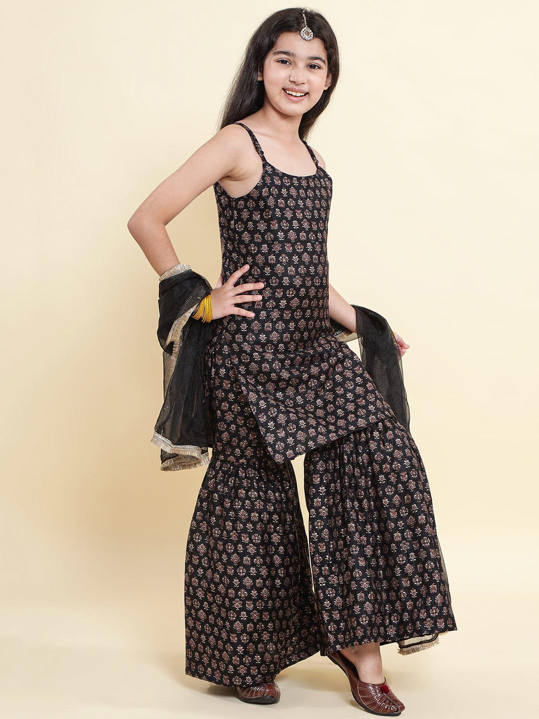 PICCOLO All Over Printed Kurti & Sharara with Dupatta-Black