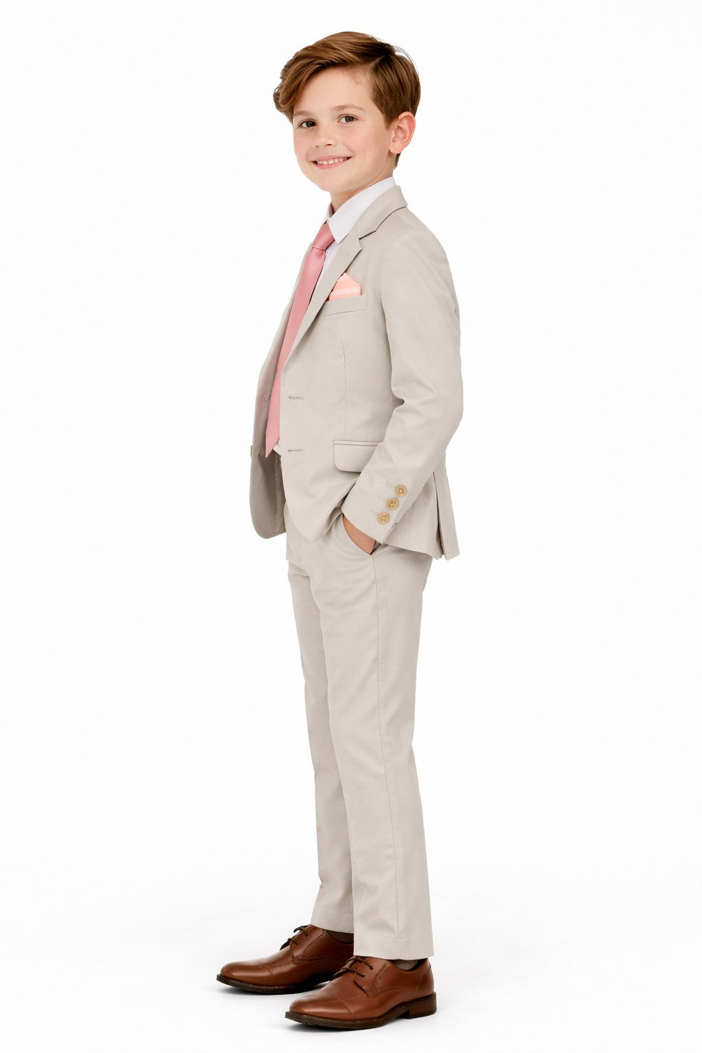 Piccolo-Boys Five-Piece Single-Breasted Blazer, Shirt with Trousers Set - Beige