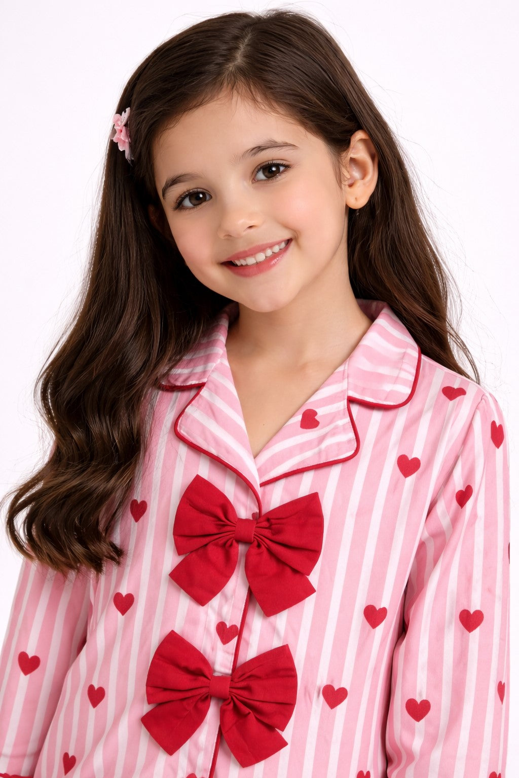 Piccolo Girls Pink Stripe Night Suit with Bow Detail-Pink