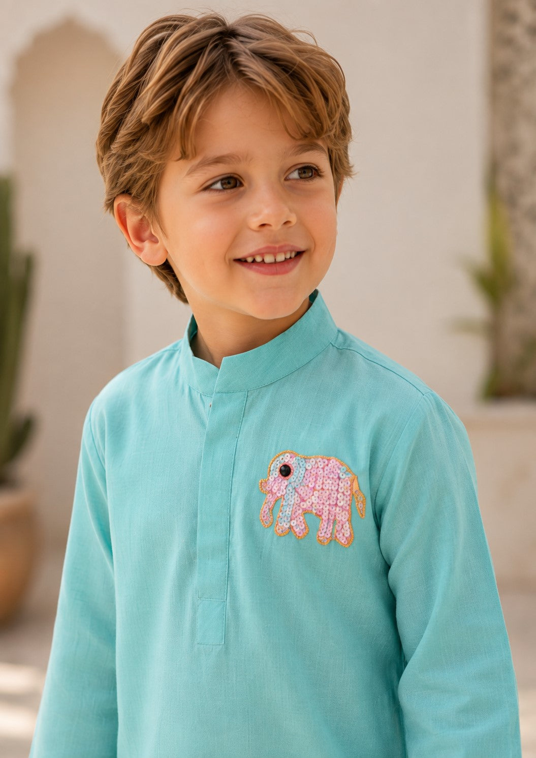 Piccolo Mul Chanderi Elephant Applique Kurta Pyjama Set – Aqua Blue