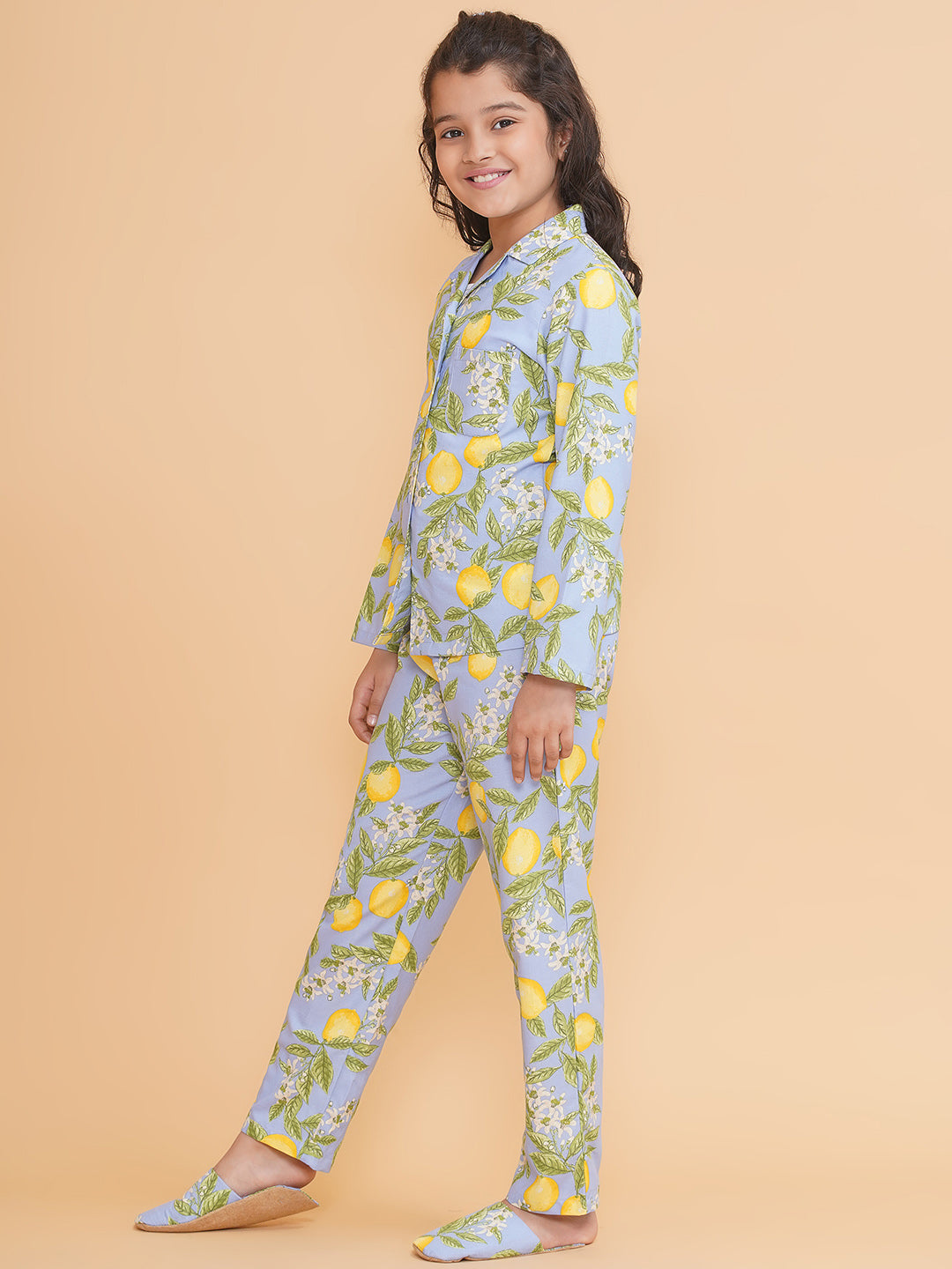Girls Floral Blue Shirt And Pyjamas With Flip Flops