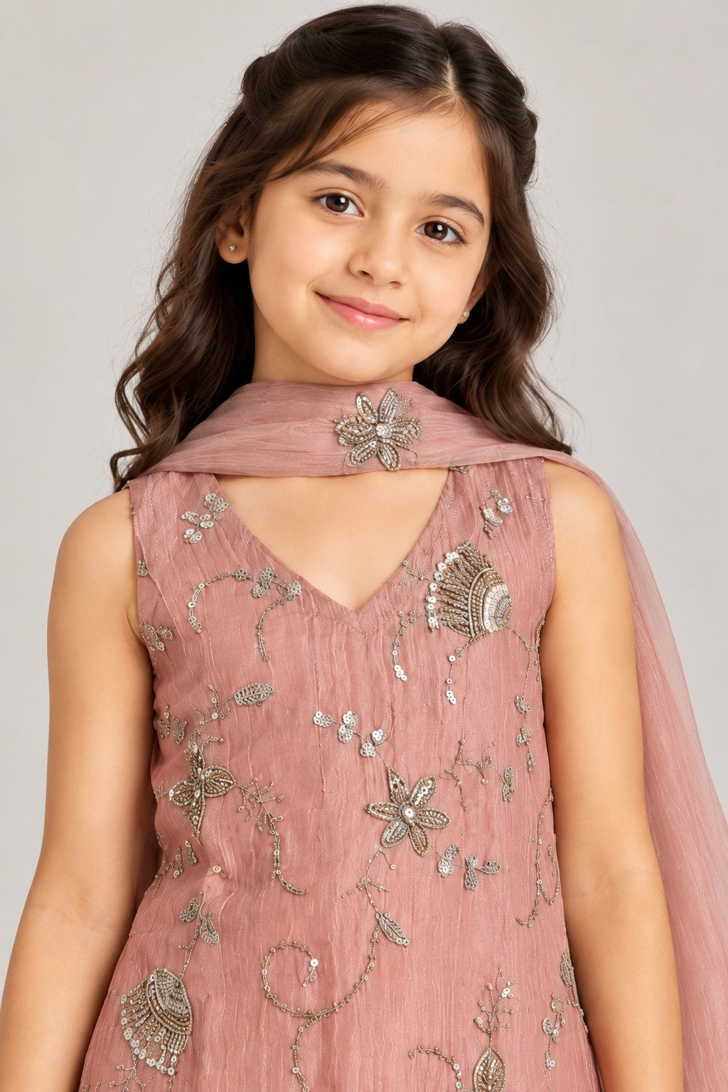 Piccolo Tissue Embroidered Kurta, Pant & Dupatta Set-Peach
