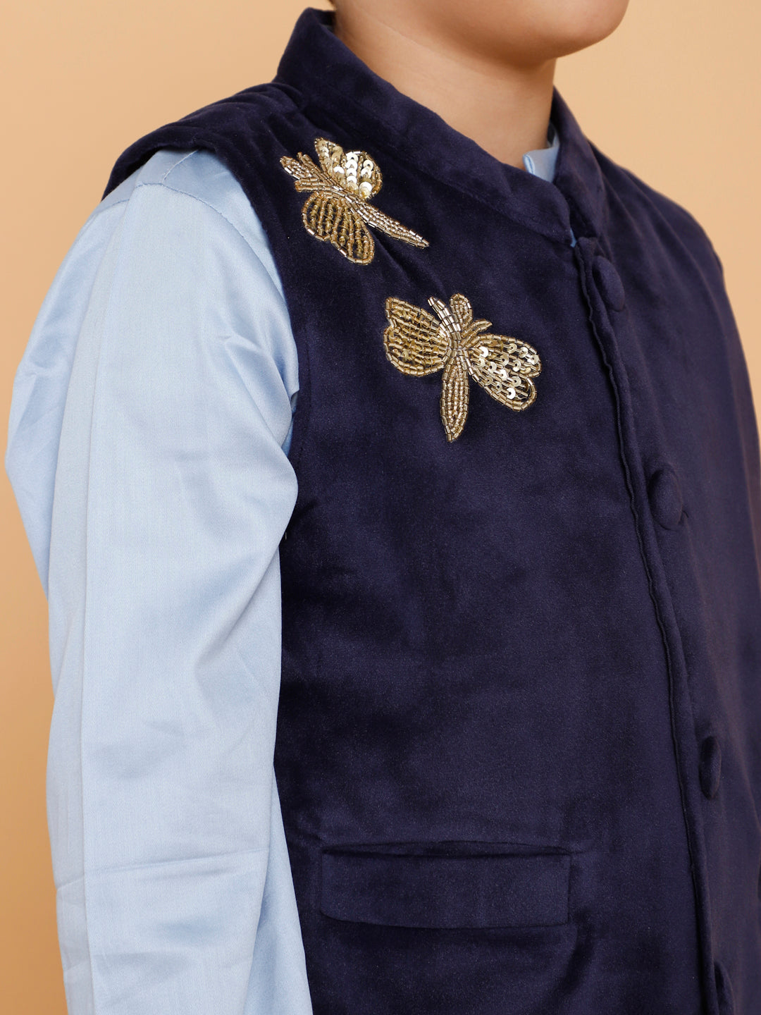 Boys Light Blue Kurta Pyjama with Velvet Jacket (Set of 3)