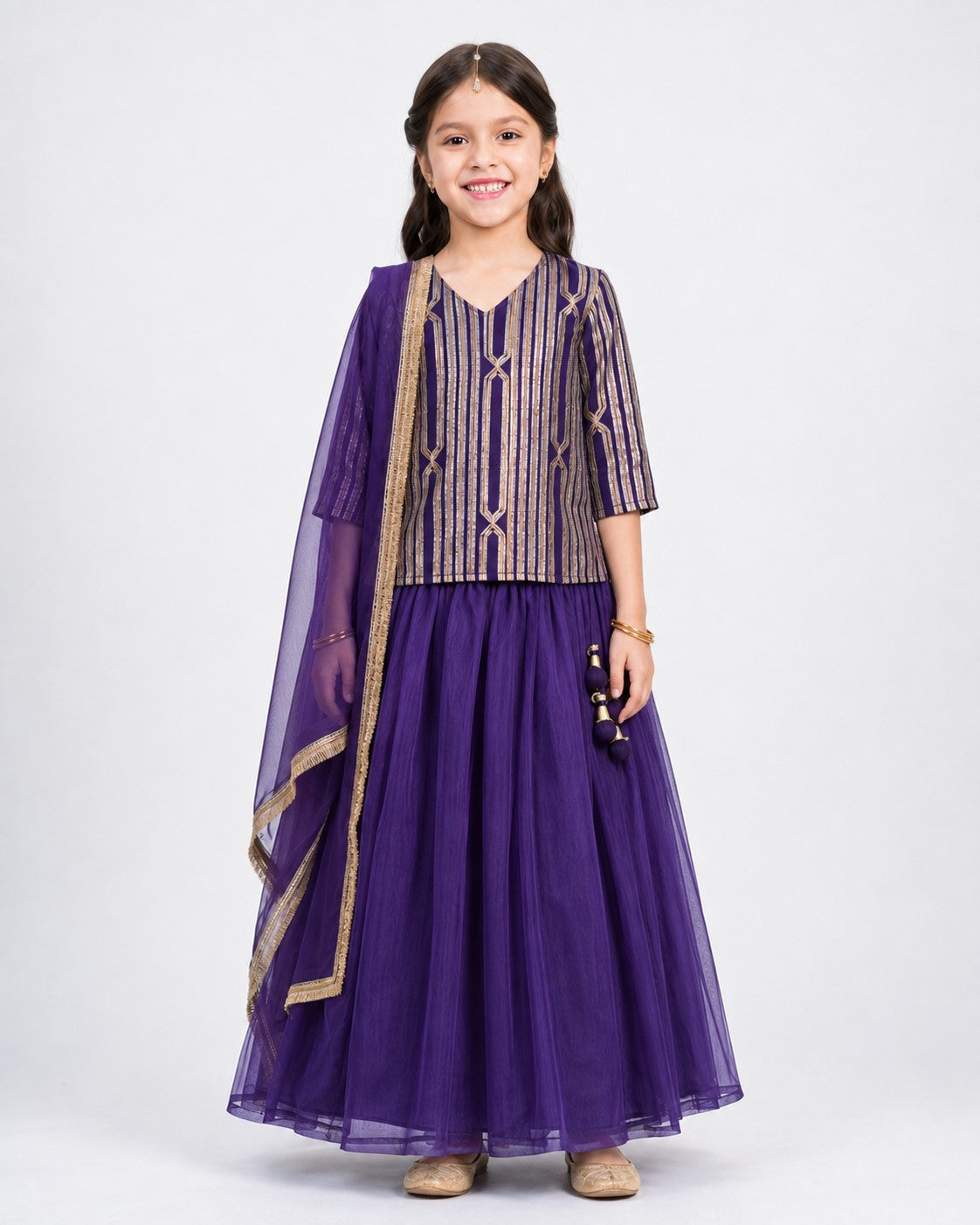 Piccolo Gota Stripe Short Kurta, Organza Lehenga & Dupatta Set-Purple