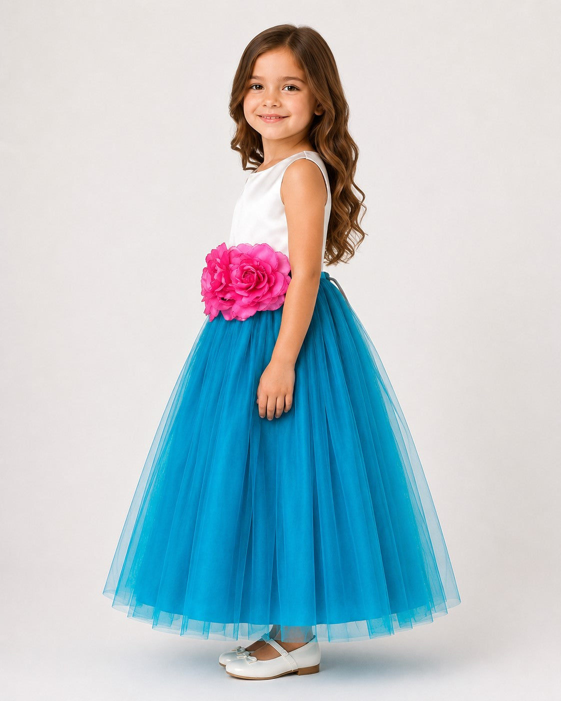 Piccolo Net Floral applique Tulle Party Gown-Turquoise