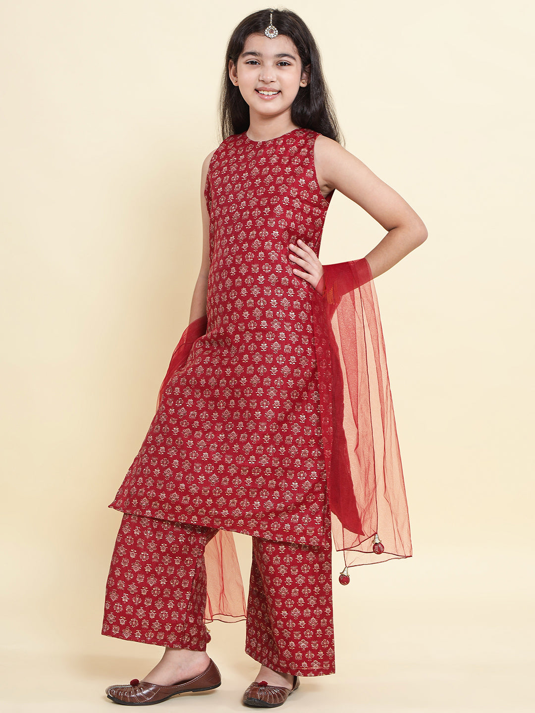 PICCOLO  Printed Kurti & Palazzo with Dupatta-Maroon