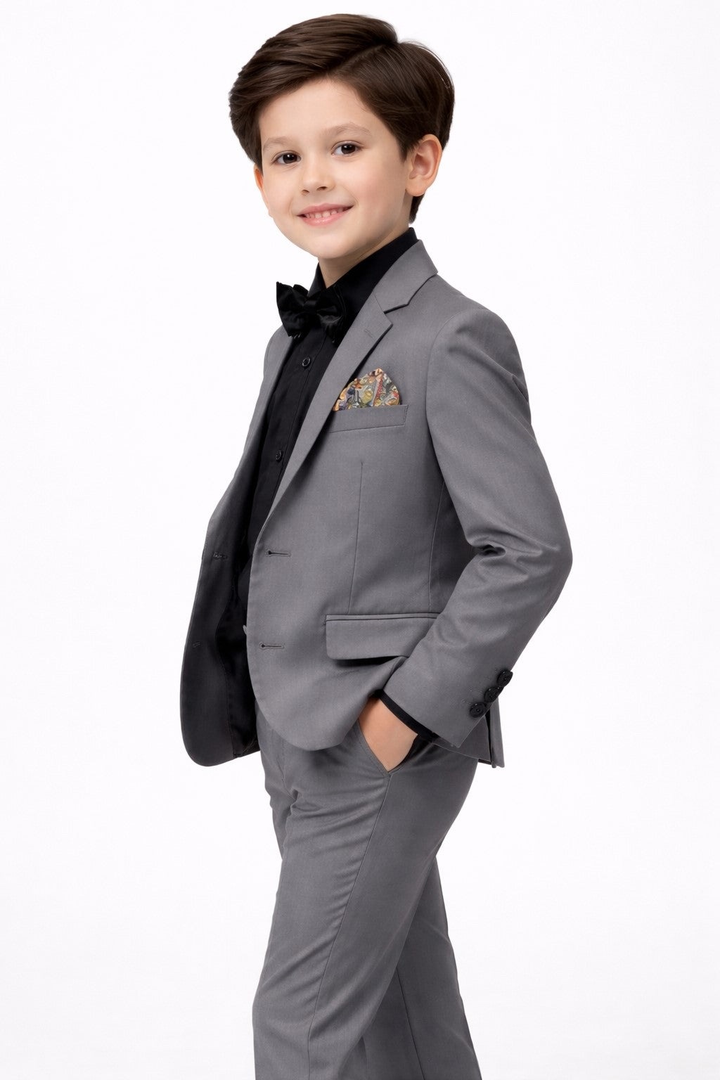 Piccolo-Boys Five-Piece Single-Breasted Blazer, Shirt with Trousers Set -Grey