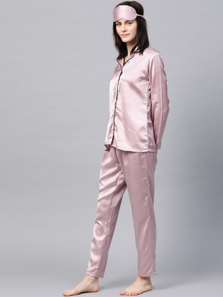 Pink Satin Night Suit With Eye mask