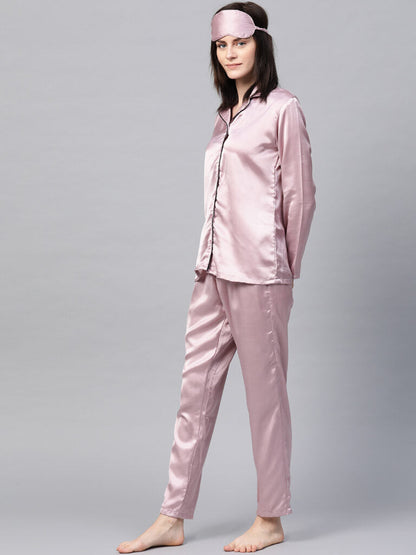 Pink Satin Night Suit With Eye mask