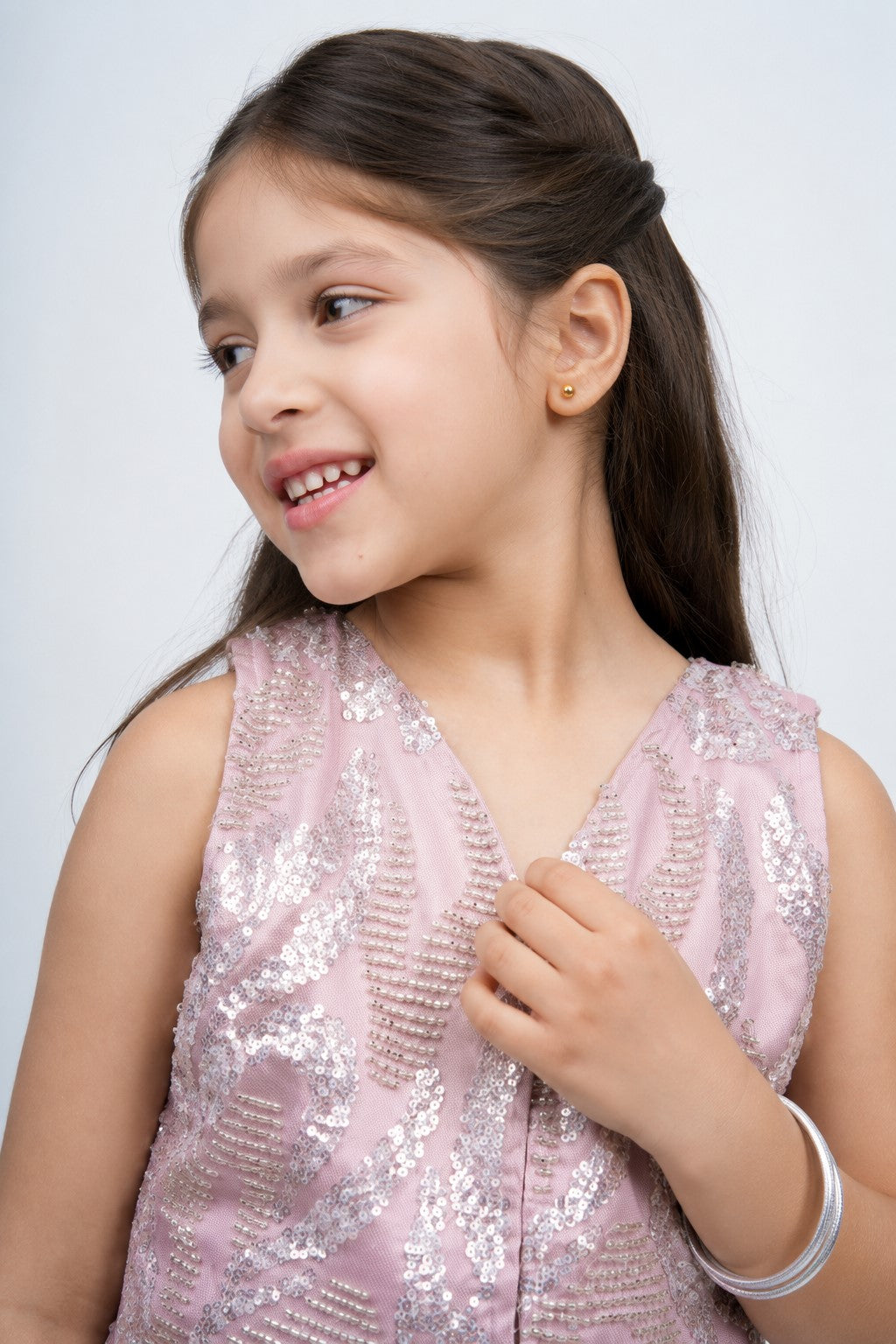 Piccolo Sequin-Embellished Top & Draped Skirt Set-Pink