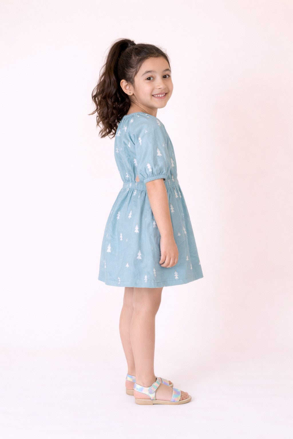 Girls Blue Christmas Tree Print Dress