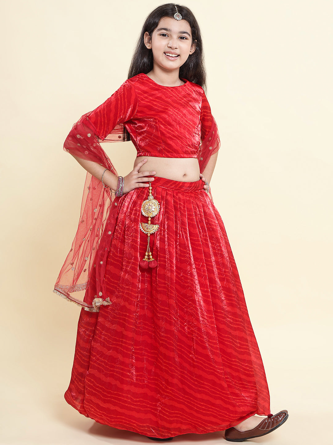 PICCOLO- Tissue Leheriya Printed Lehenga Choli with Embellished Net Dupatta-Red