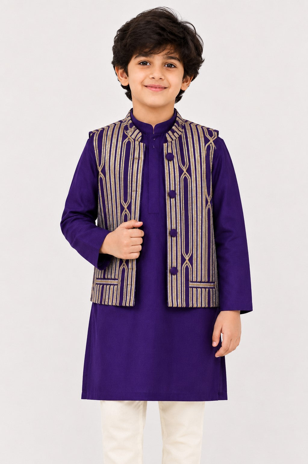 Piccolo Embellished Silk Jacket, Kurta & Pyjama Set – Purple