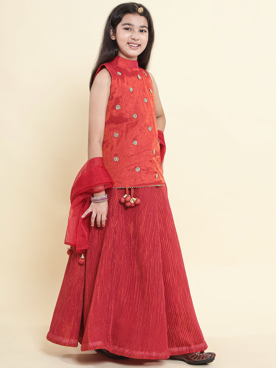 PICCOLO Tissue Silk Handwork Choli with Pleated Lehenga & Organza Dupatta Set-Rust