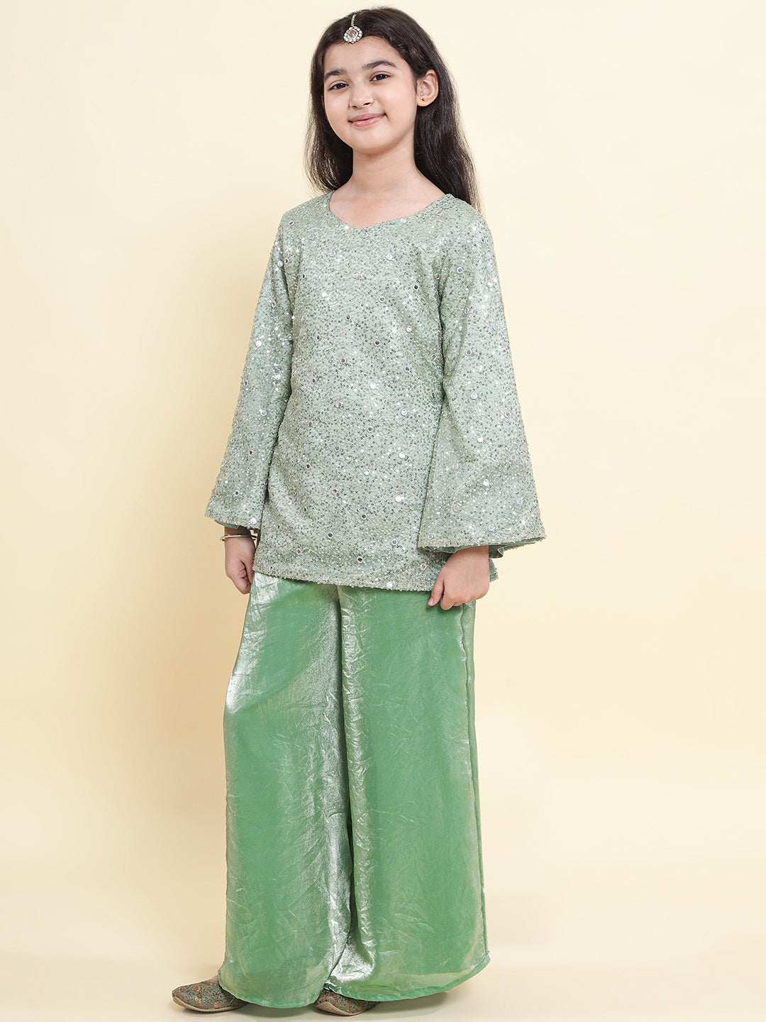 PICCOLO Green Sequined Flared Sleeve Kurti with Palazzo