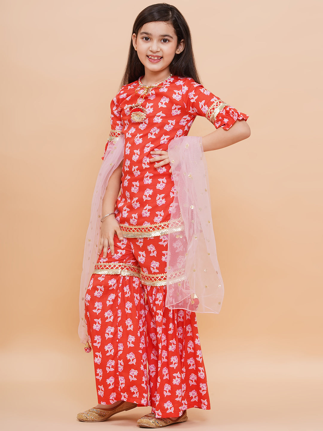 Girls Red Floral Rayon Kurta And Sharara Set With Dupatta