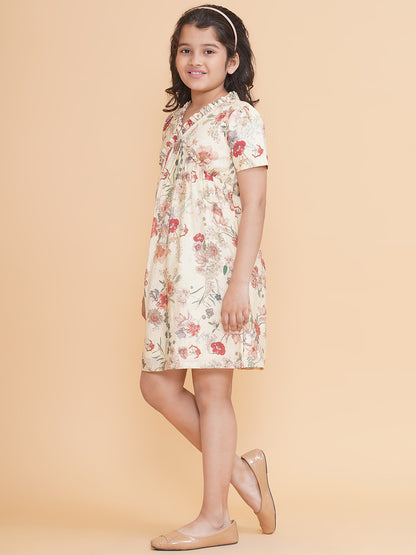 PICCOLO Floral Ruffled Neck Dress- cream