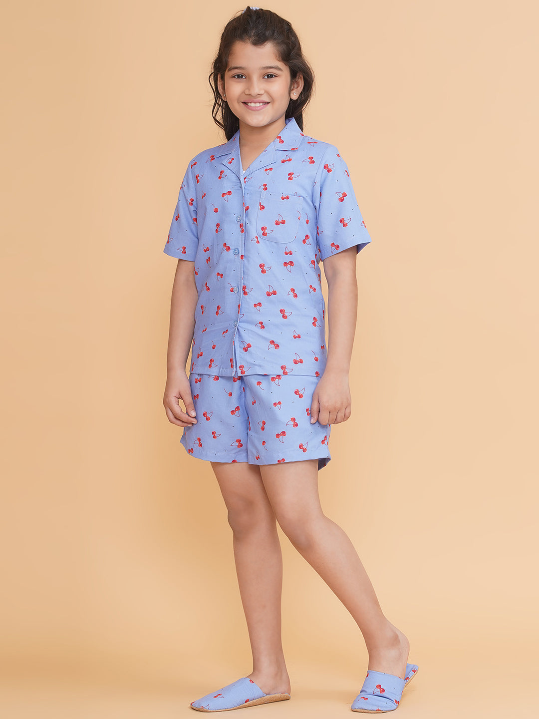 Girls Printed Blue Shirt and Shorts Night Suit With Slip Ons