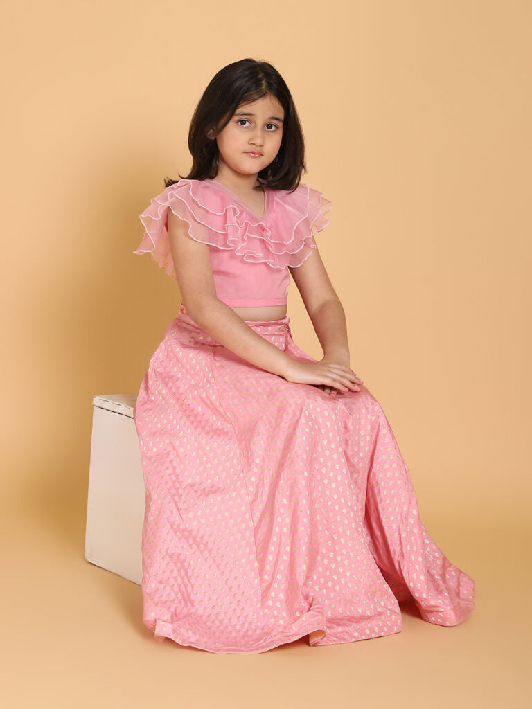 Girls Pink &amp; Gold-Toned Ready to Wear Lehenga &amp; Blouse Set