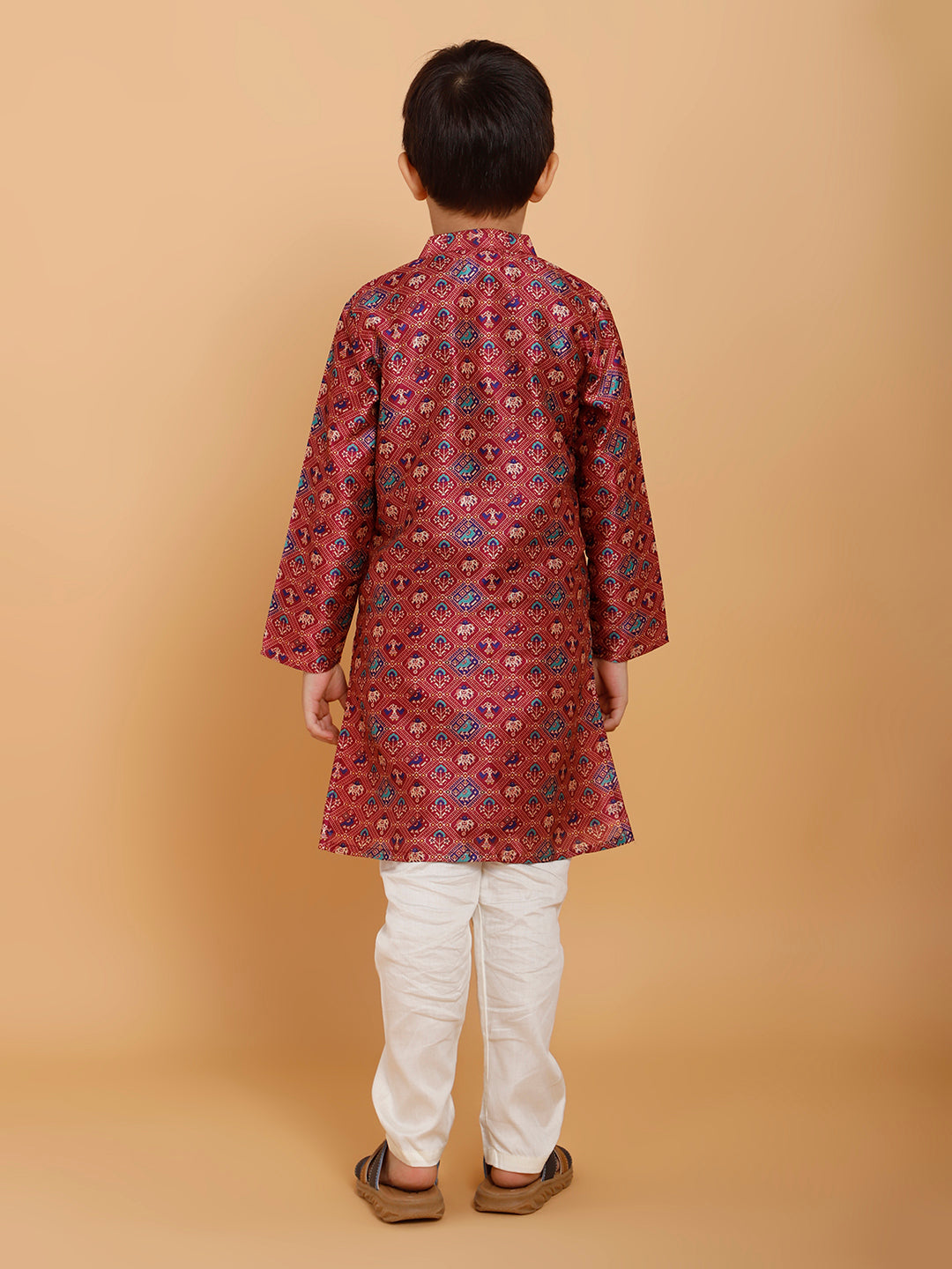 Boys Maroon Piccolo Silk Elephant-Print Kurta Pyjama Set