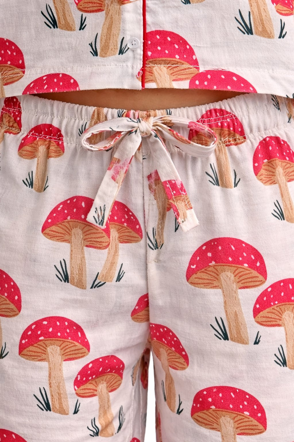 White Mushroom Print Pure Cotton Night Suit Set for Girls (Shirt & Pyjama)