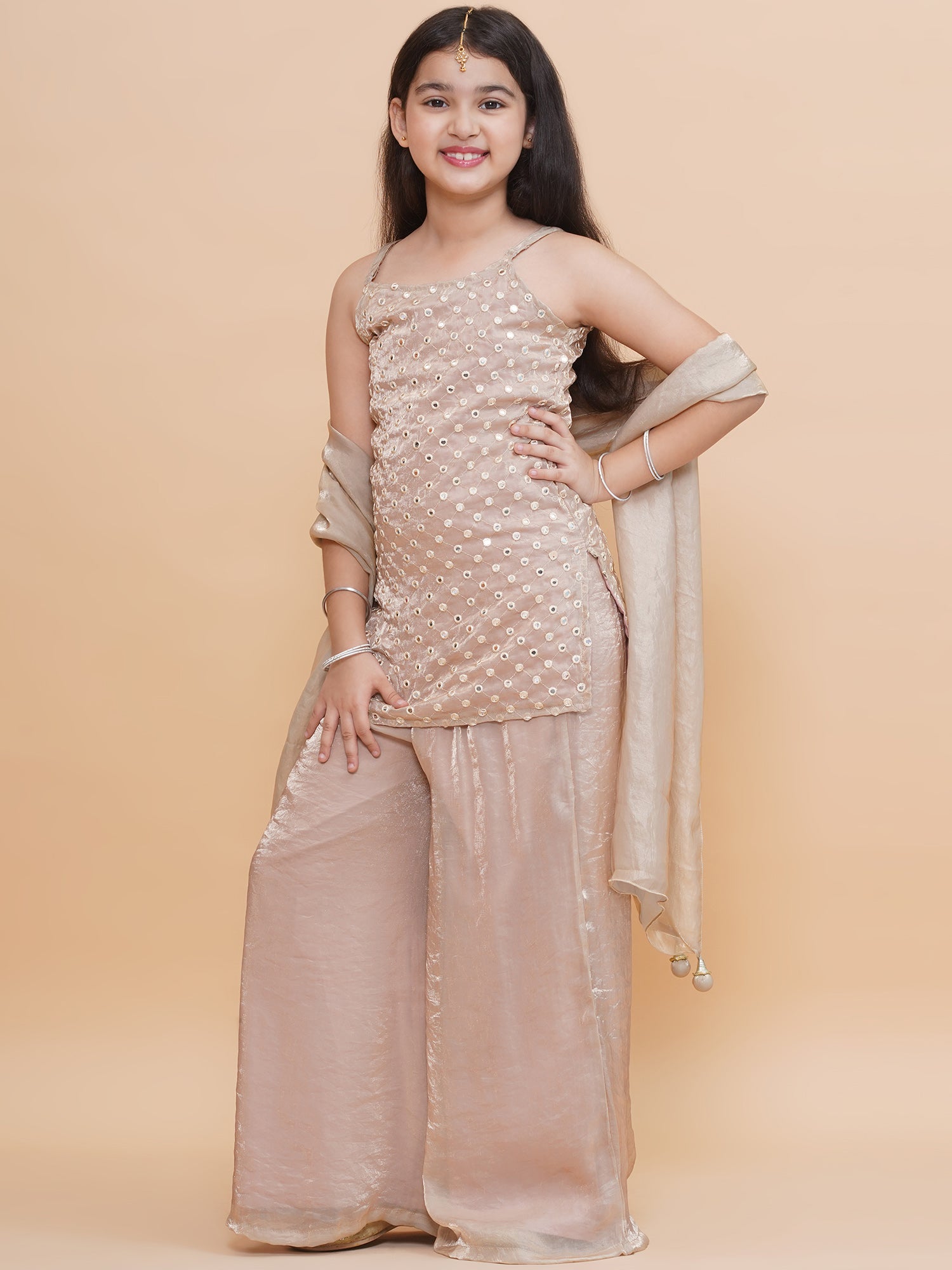 Piccolo Tissue Silk Mirror Work Kurta & Palazzo Set-Beige