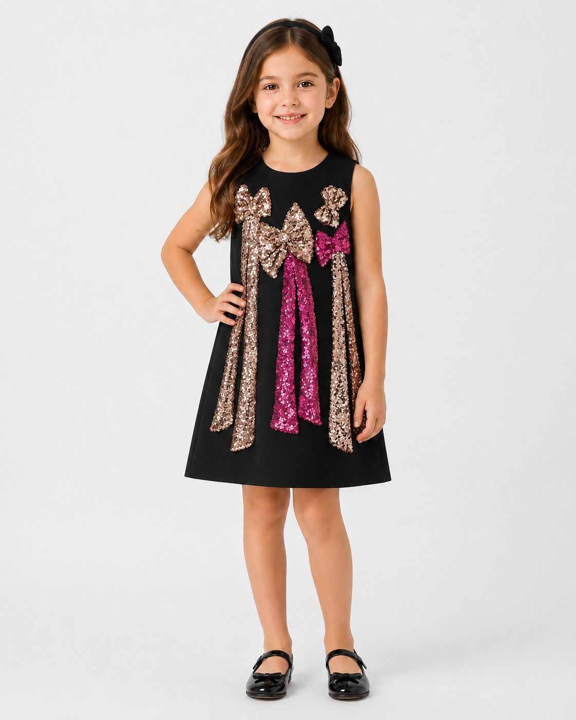 Piccolo Girls Black Sequin Bow A-Line Party Dress