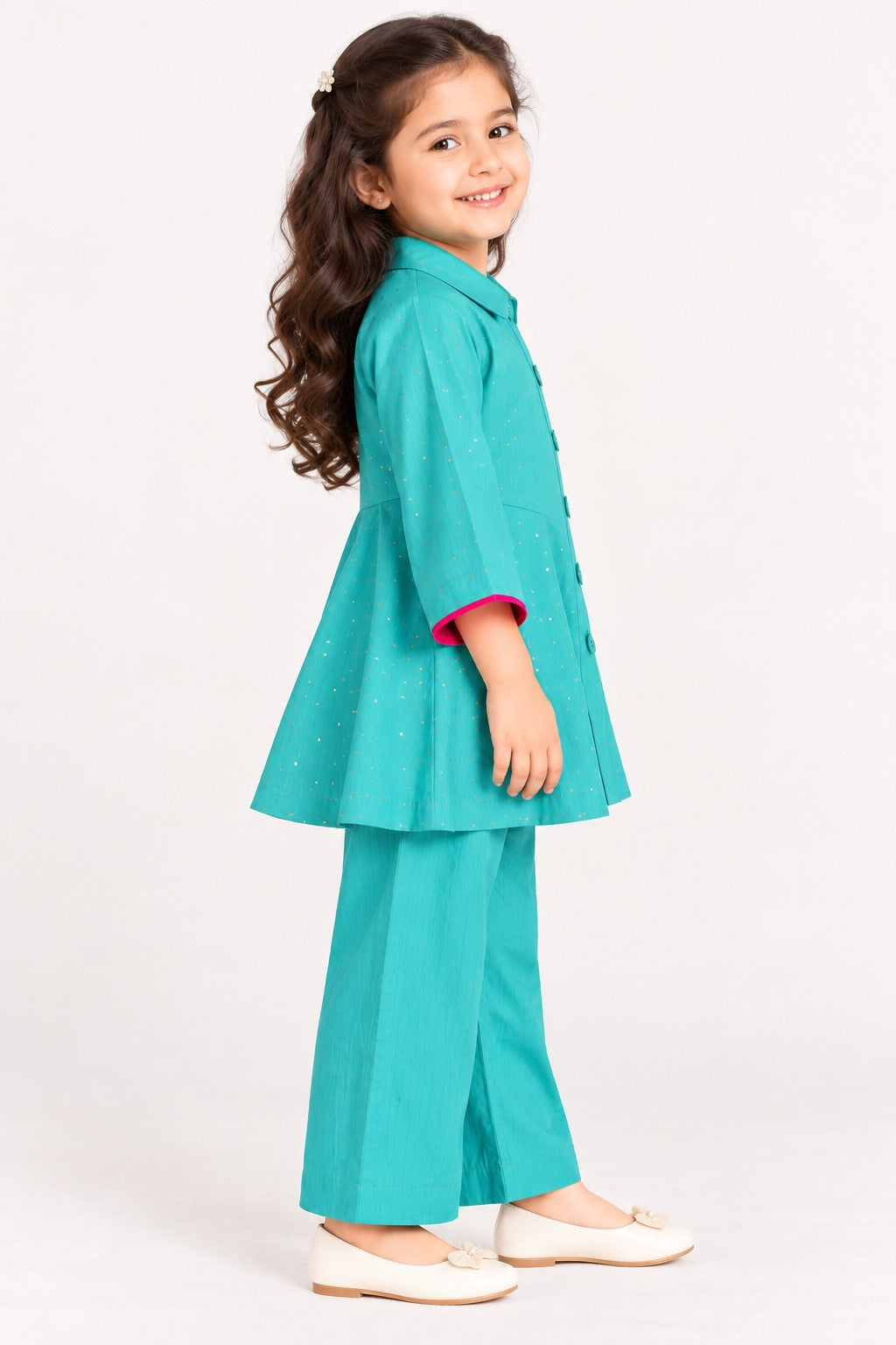 Piccolo  Mal Chanderi Mukaish Work Kurta With Pant Set - Turquoise Green