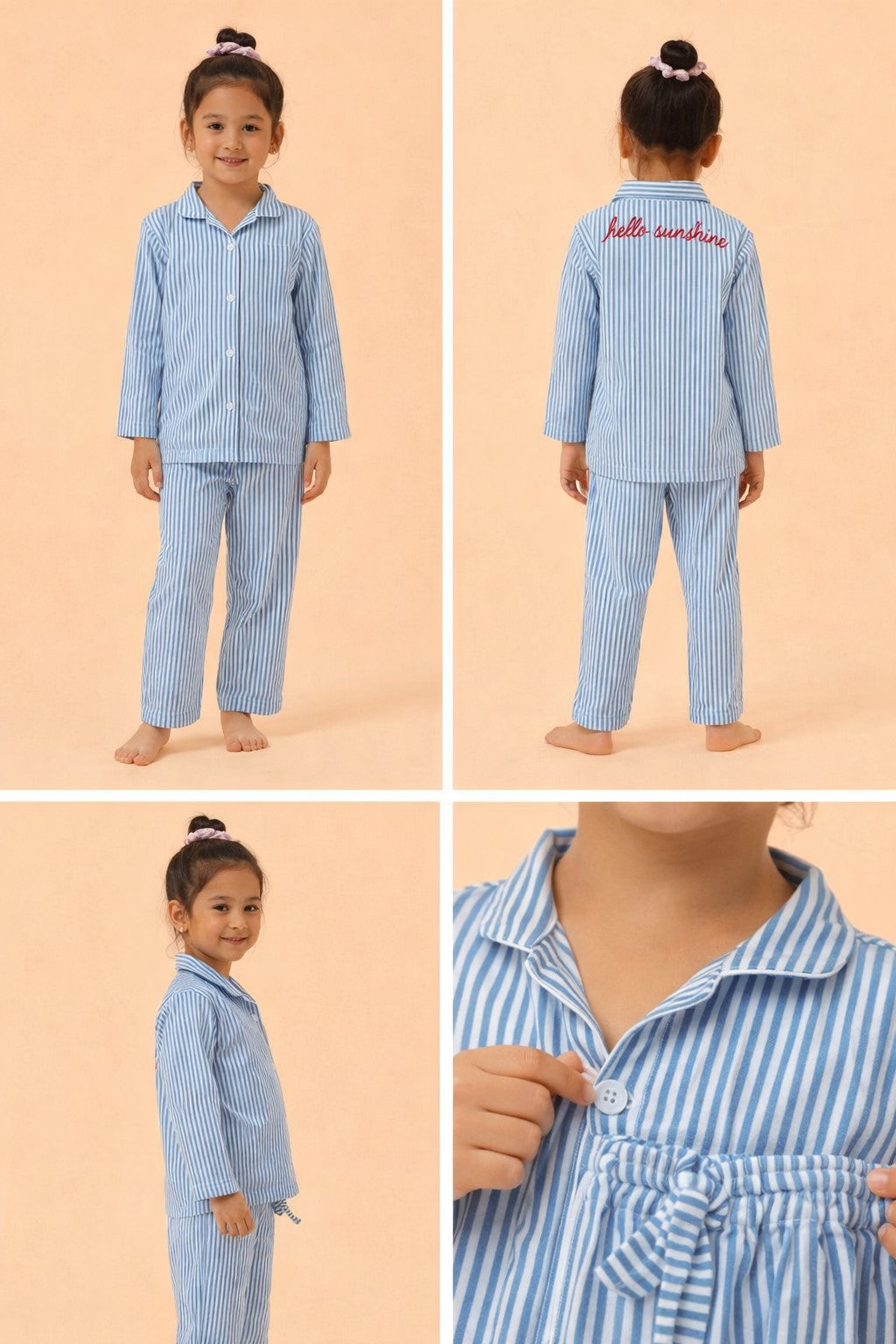 Piccolo Girls Striped Seersucker Cotton Night Suit with  Back Hello Sunshine Embroidery Blue & White