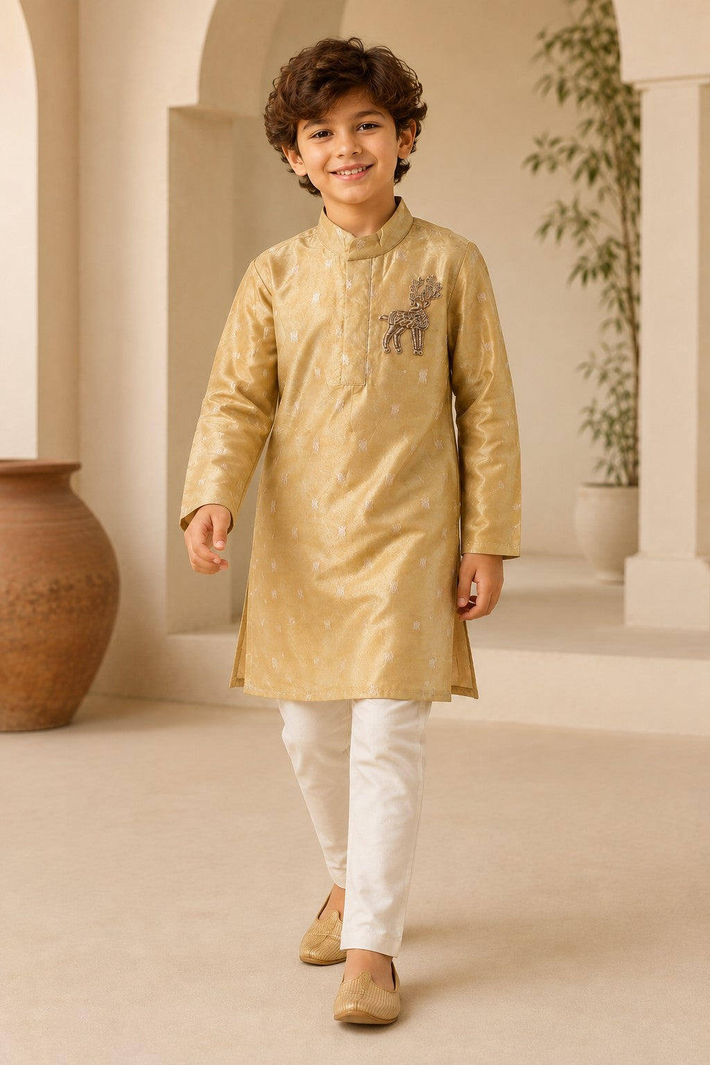 Piccolo Banarasi Silk Zari work Kurta With Applique & Pyjama Set – Golden