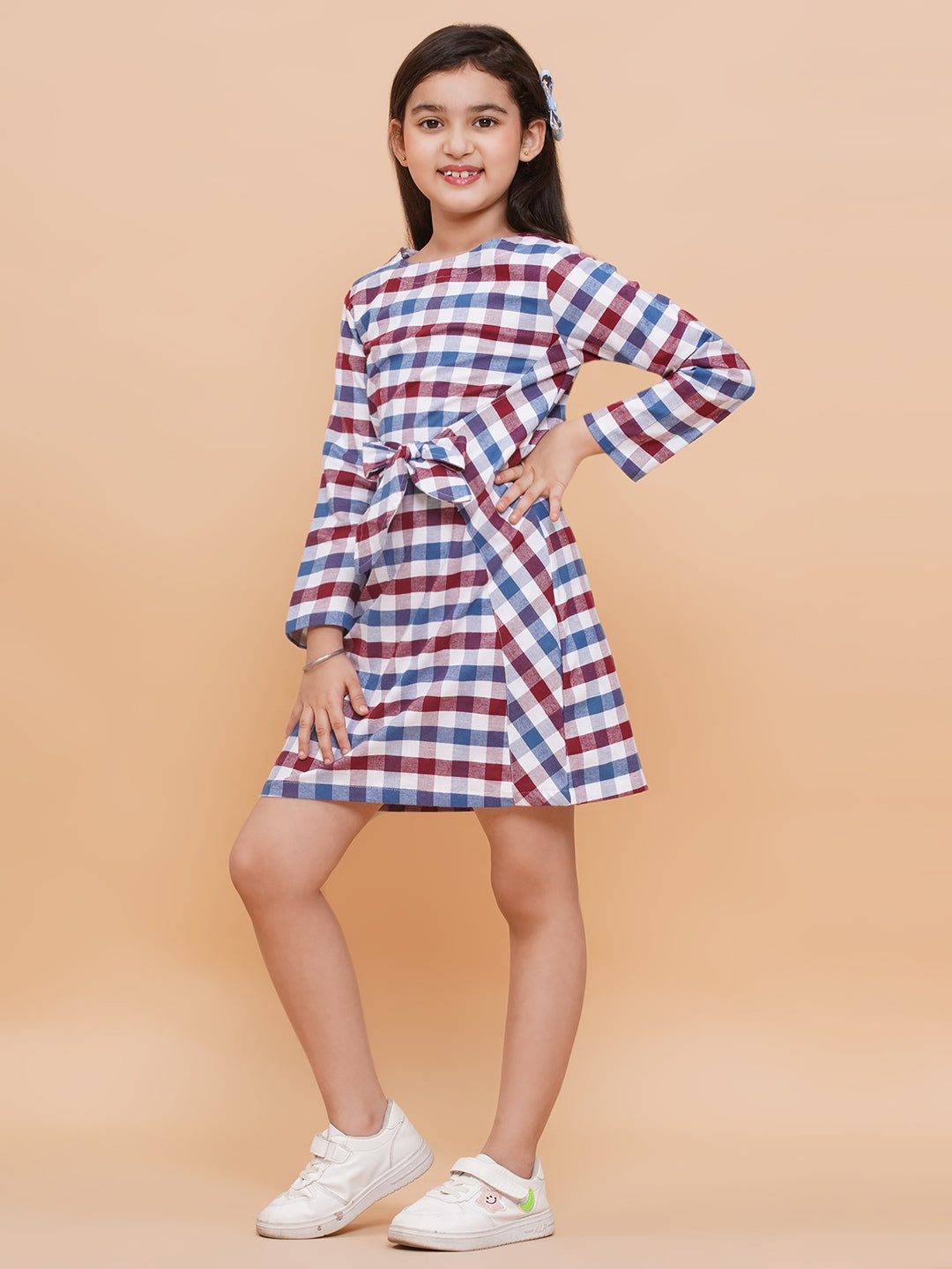 Plaid Dress with Waist Front Tie-Multi