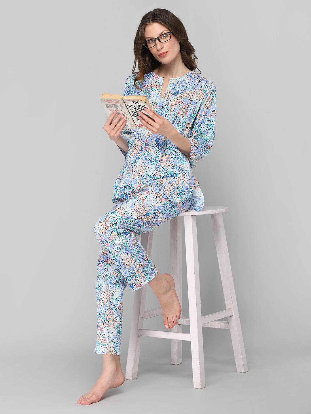 DRAPE IN VOGUE Women Blue &amp; White Printed Night Suit