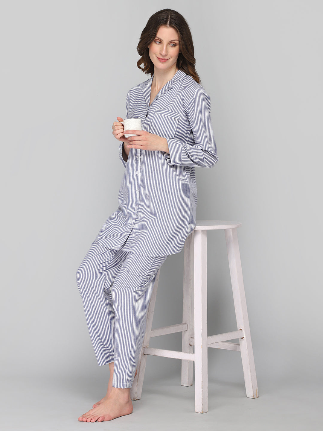 DRAPE IN VOGUE Women Grey &amp; White Striped Night Suit