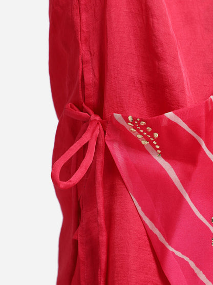 Pink Lehriya Panel Kurta With White Payjama Set