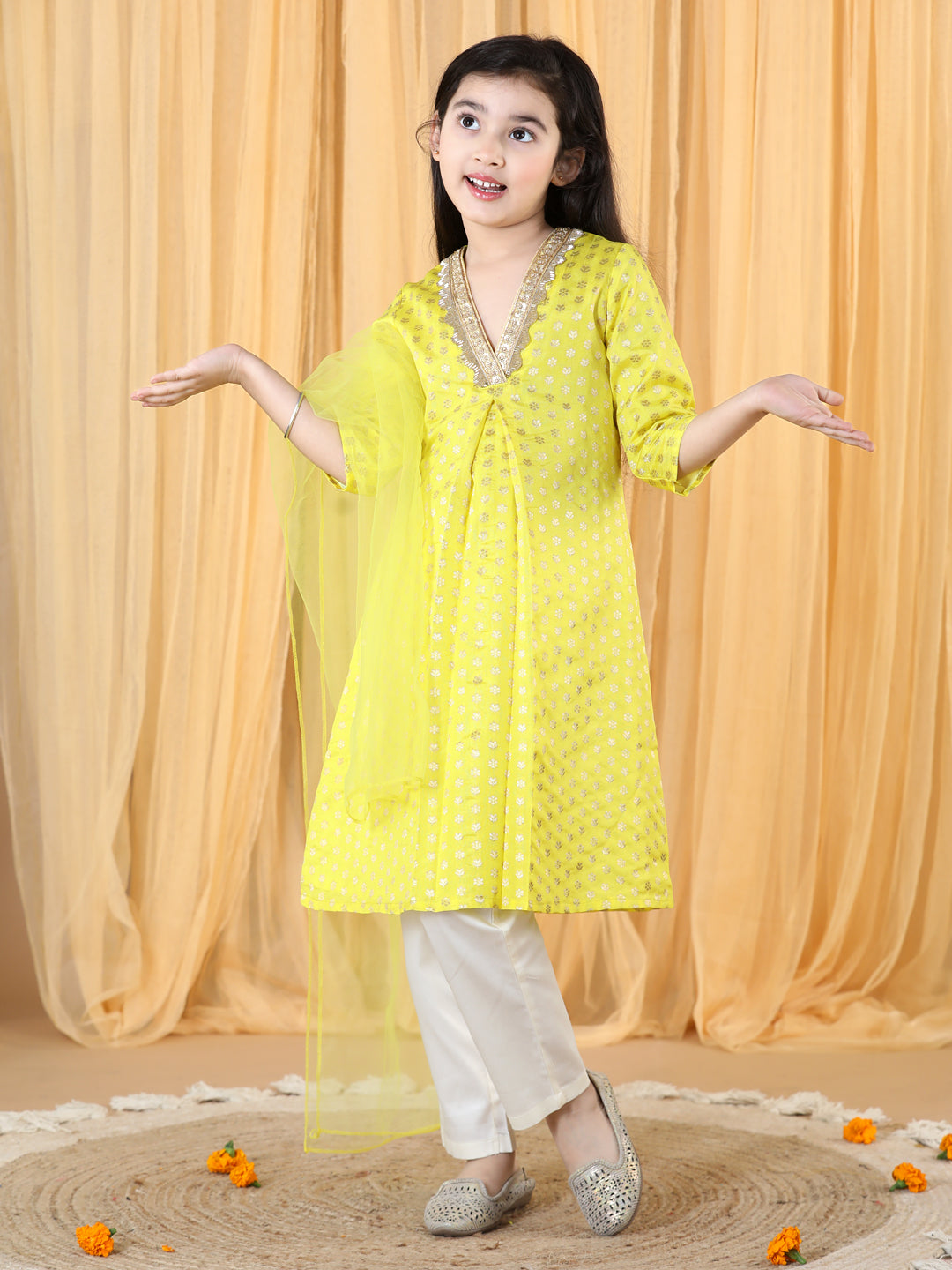 Silk Brocade Kurta with Pant and Dupatta Yellow (Set of 3)