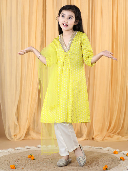Silk Brocade Kurta with Pant and Dupatta Yellow (Set of 3)