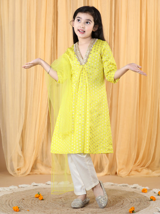 Silk Brocade Kurta with Pant and Dupatta Yellow (Set of 3)
