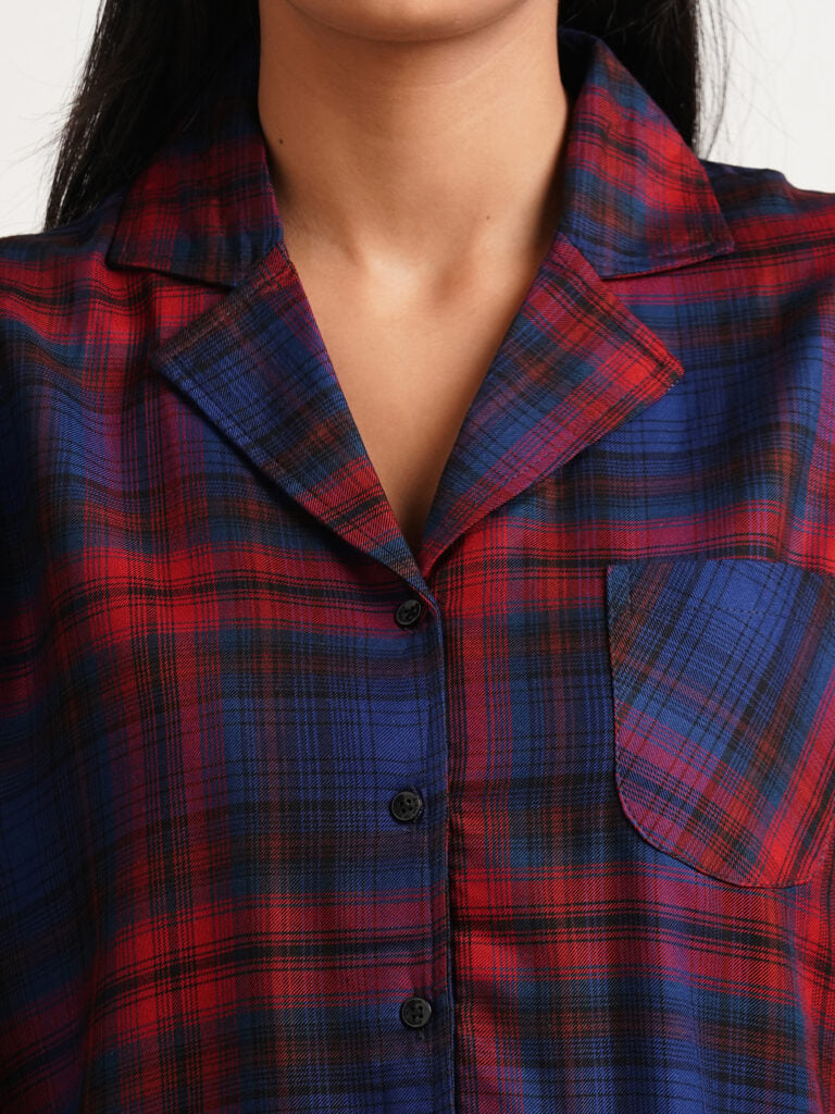 Women Red &amp; Blue Checked Night suit