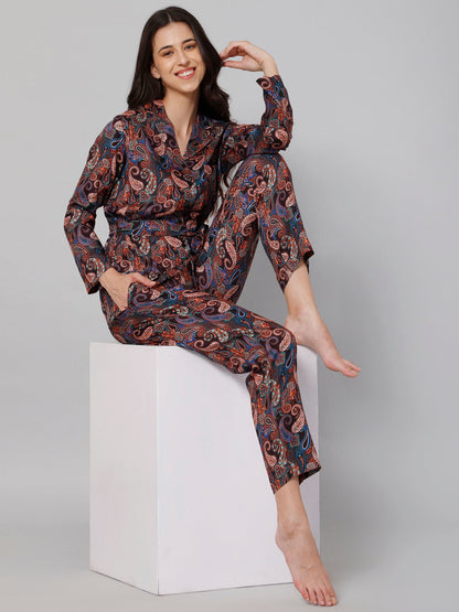Women Black &amp; Blue Printed Night suit
