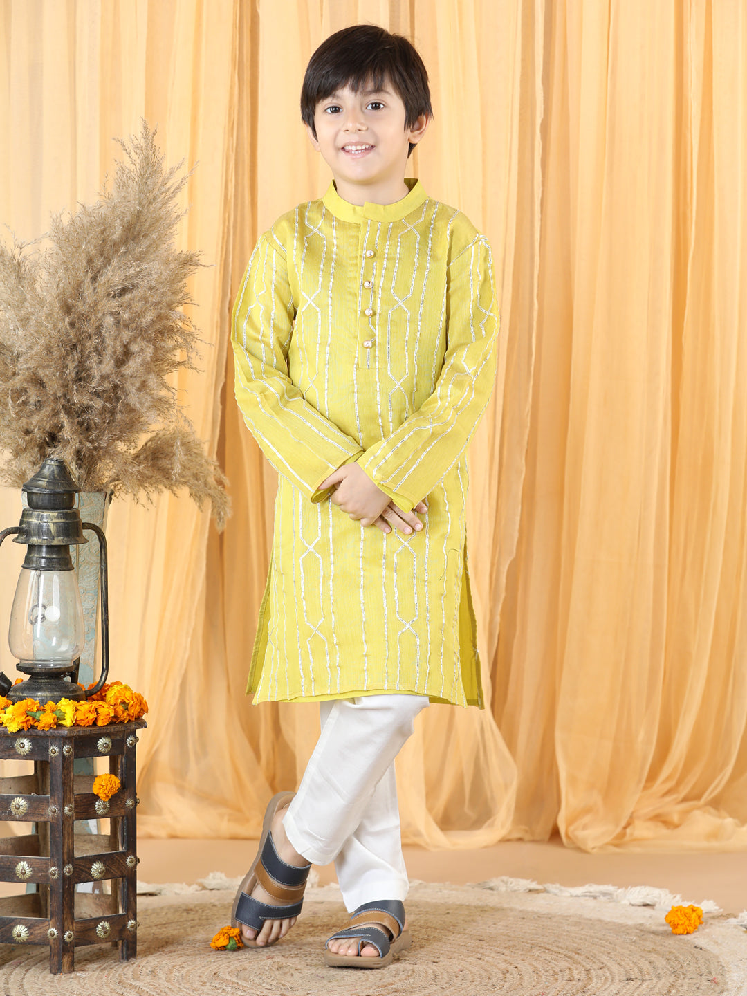 Boys Yellow Gota Lining Kurta Pyjama Set