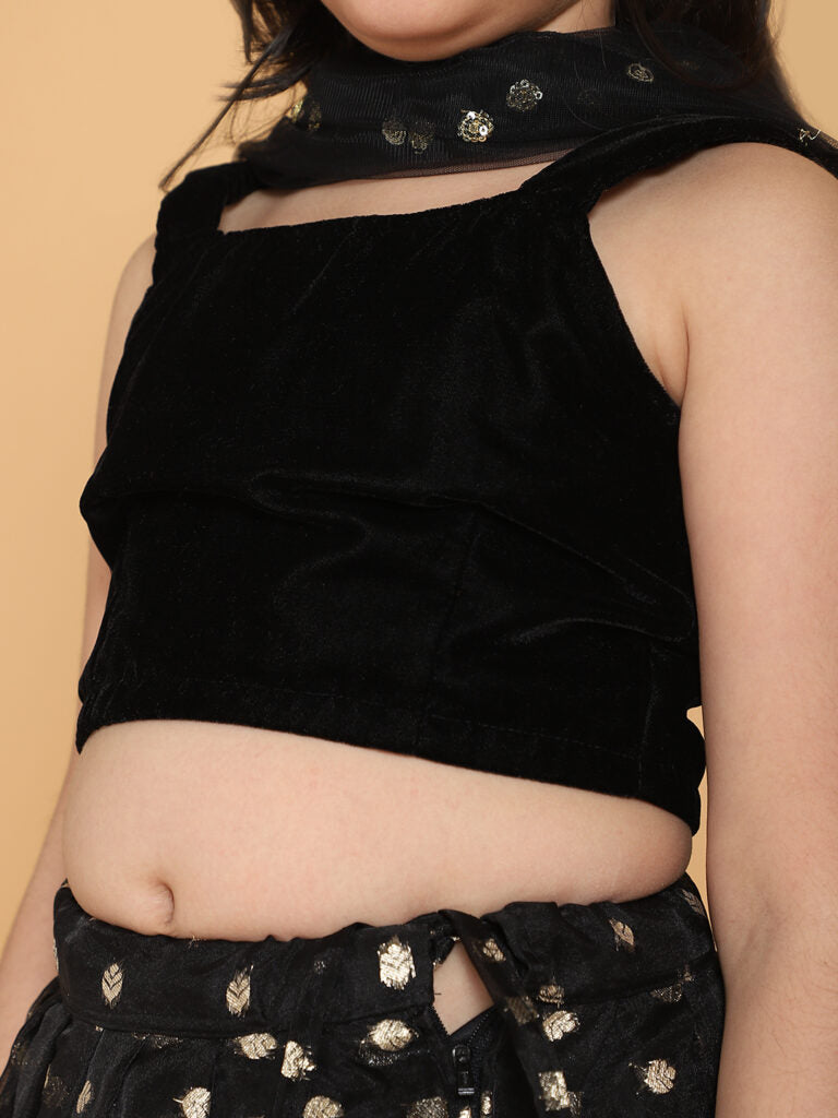 Piccolo - Black Velvet Choli &amp; Lehenga Set With Dupatta - Black