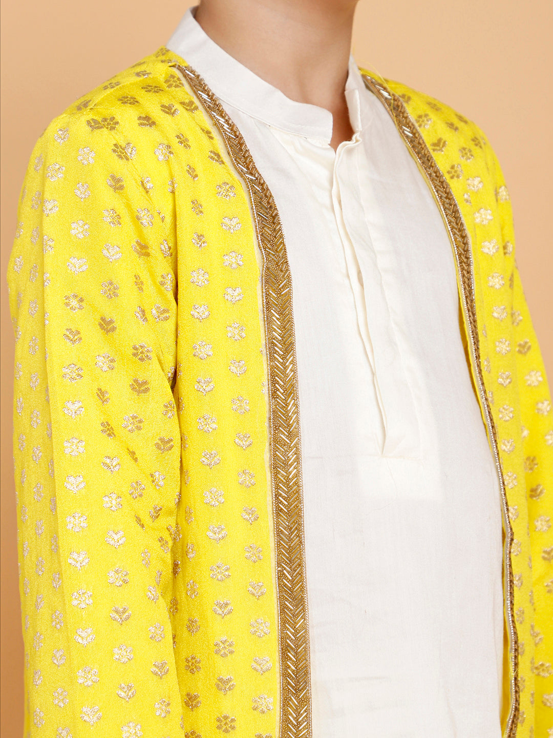 Cream Kurta Pyjama with Yellow Jacket (Set of 3)