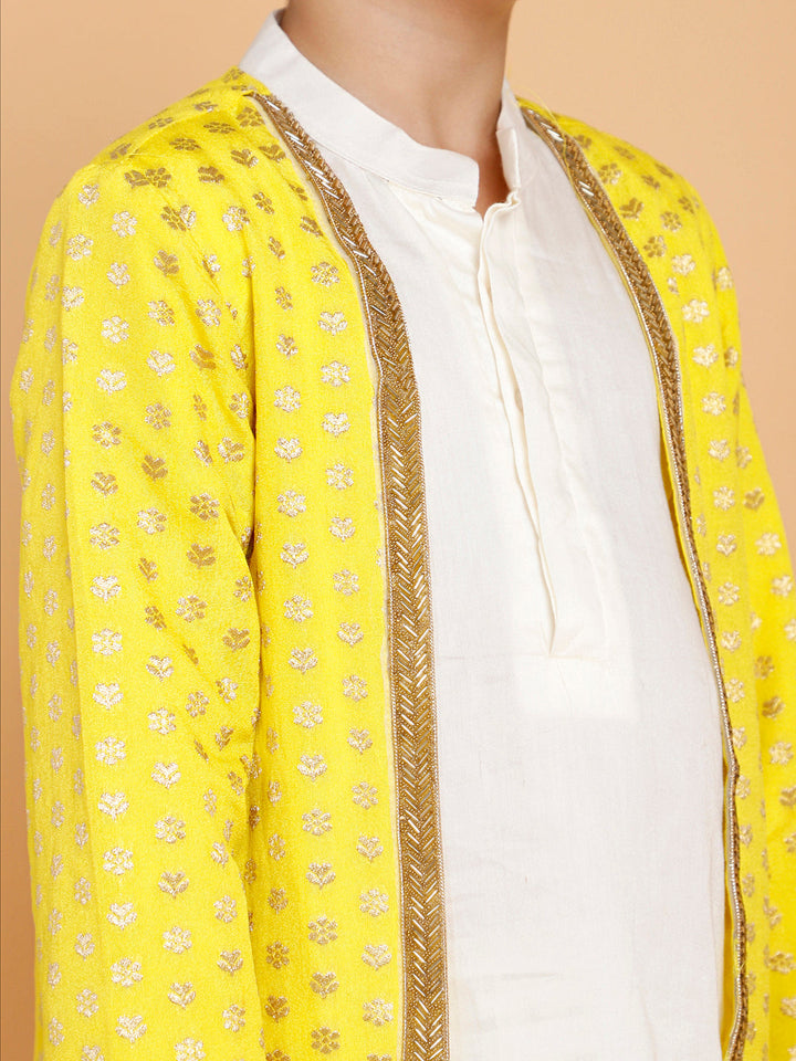 Cream Kurta Pyjama with Yellow Jacket (Set of 3)