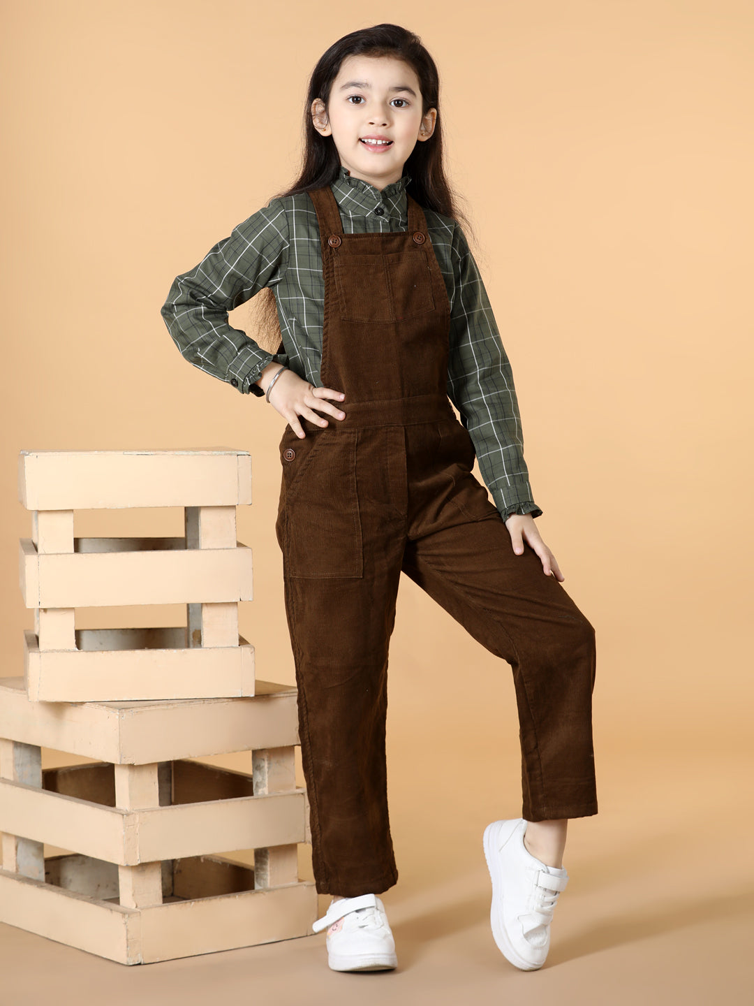 Girls Checked Top with Corduroy Dungaree Set