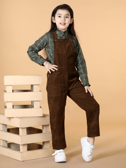 Girls Checked Top with Corduroy Dungaree Set