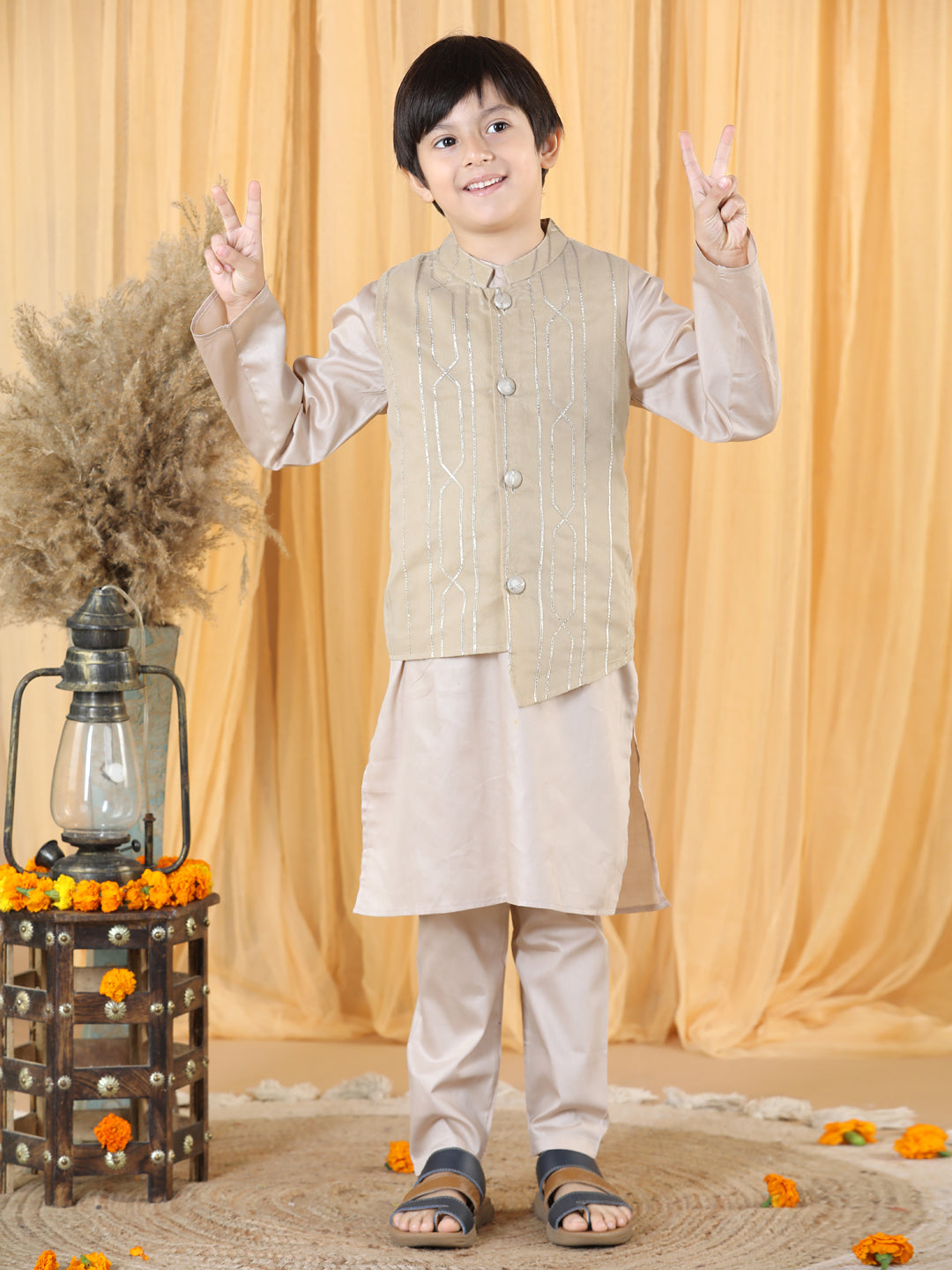 Piccolo Boy's Cream Kurta Pyjama with Gota Lining Jacket